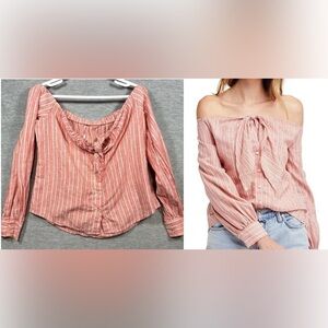 Free People Hello There Beautiful Off‎ Shoulder Striped Top Linen Blend